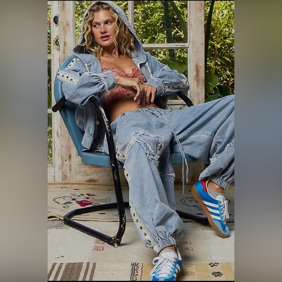 POL Denim Vintage Wash Studded lace embroidered Jogger pants and Jacket Set